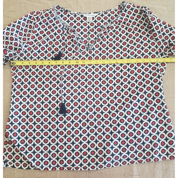 Tommy Bahama Geo Floral Tunic Blouse Cotton Split Neck Medium Tie Tassels Blue - Picture 14 of 16